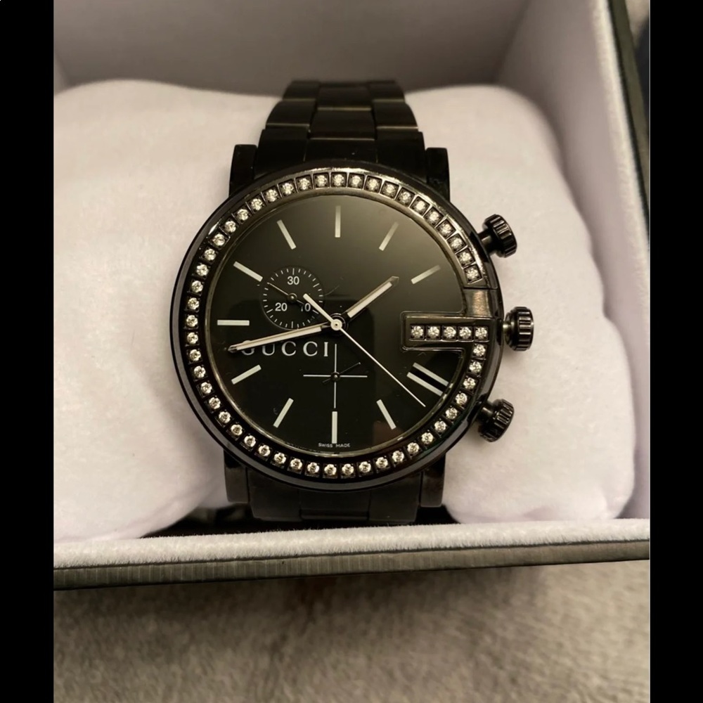 GUCCI 101M YA101340 Chronograph Mens Watch Diamond Bezel Black